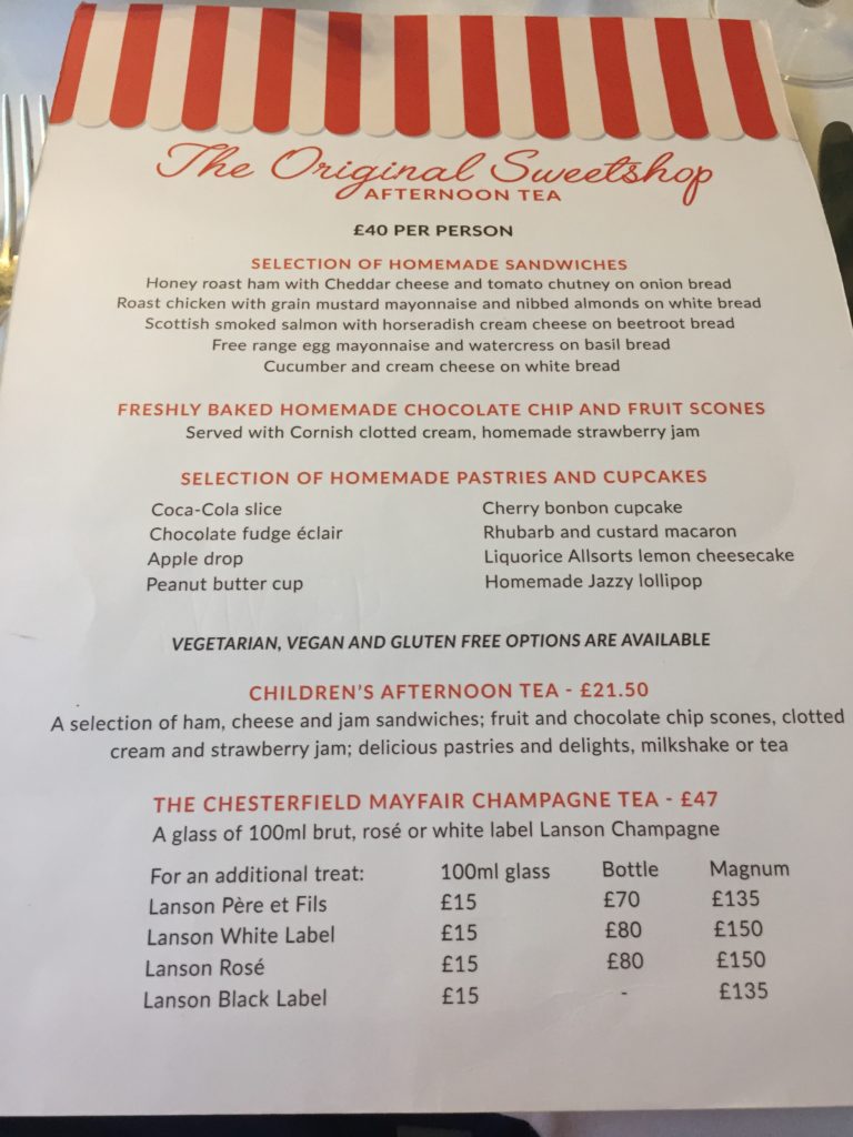 Afternoon Tea Menu, Chesterfield Mayfair, London