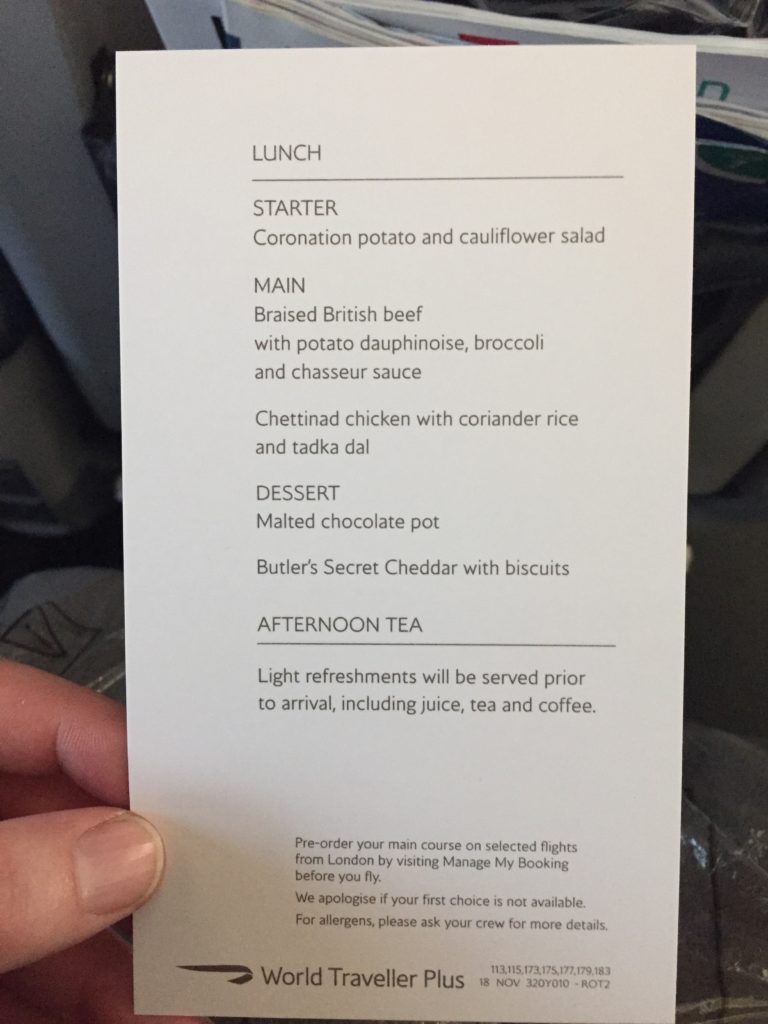 London to NYC, British Airways, World Traveller Plus, Lunch Menu