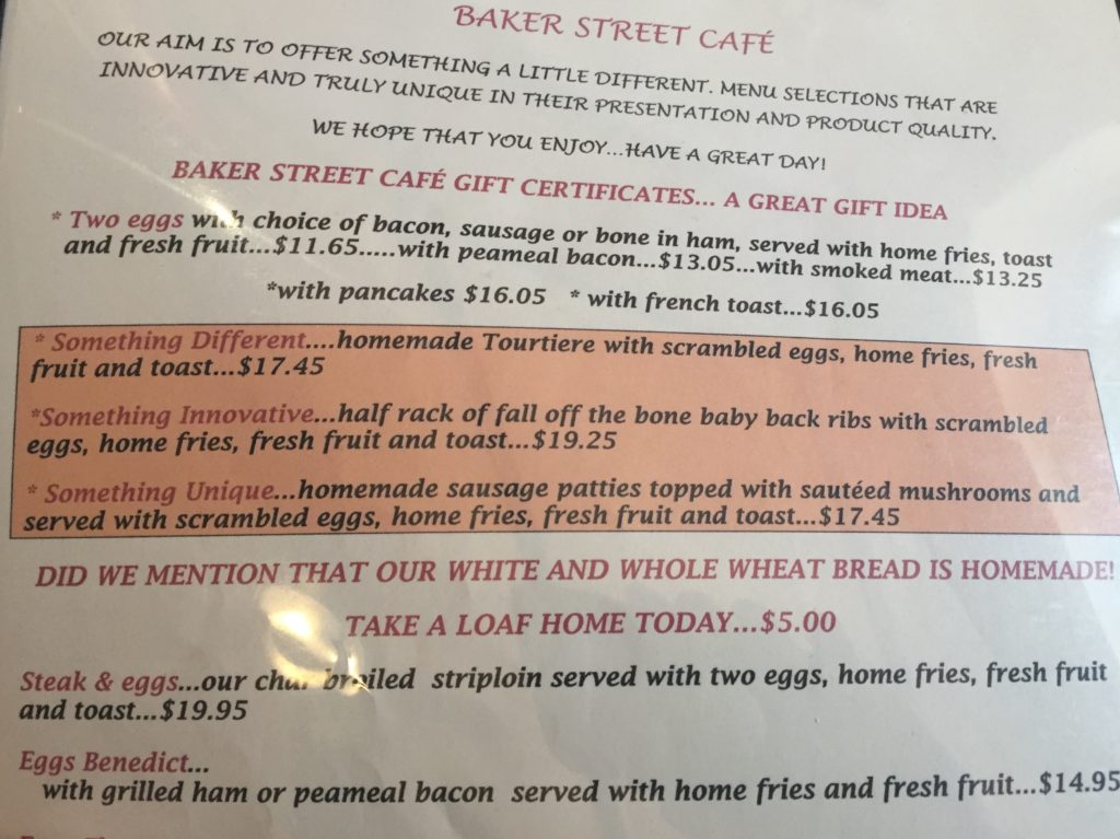 Menu, Baker Street Cafe, Ottawa, Canada